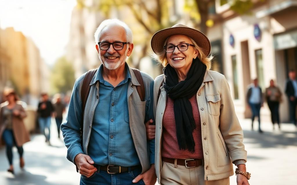 Pareja paseando por una calle española en un día soleado