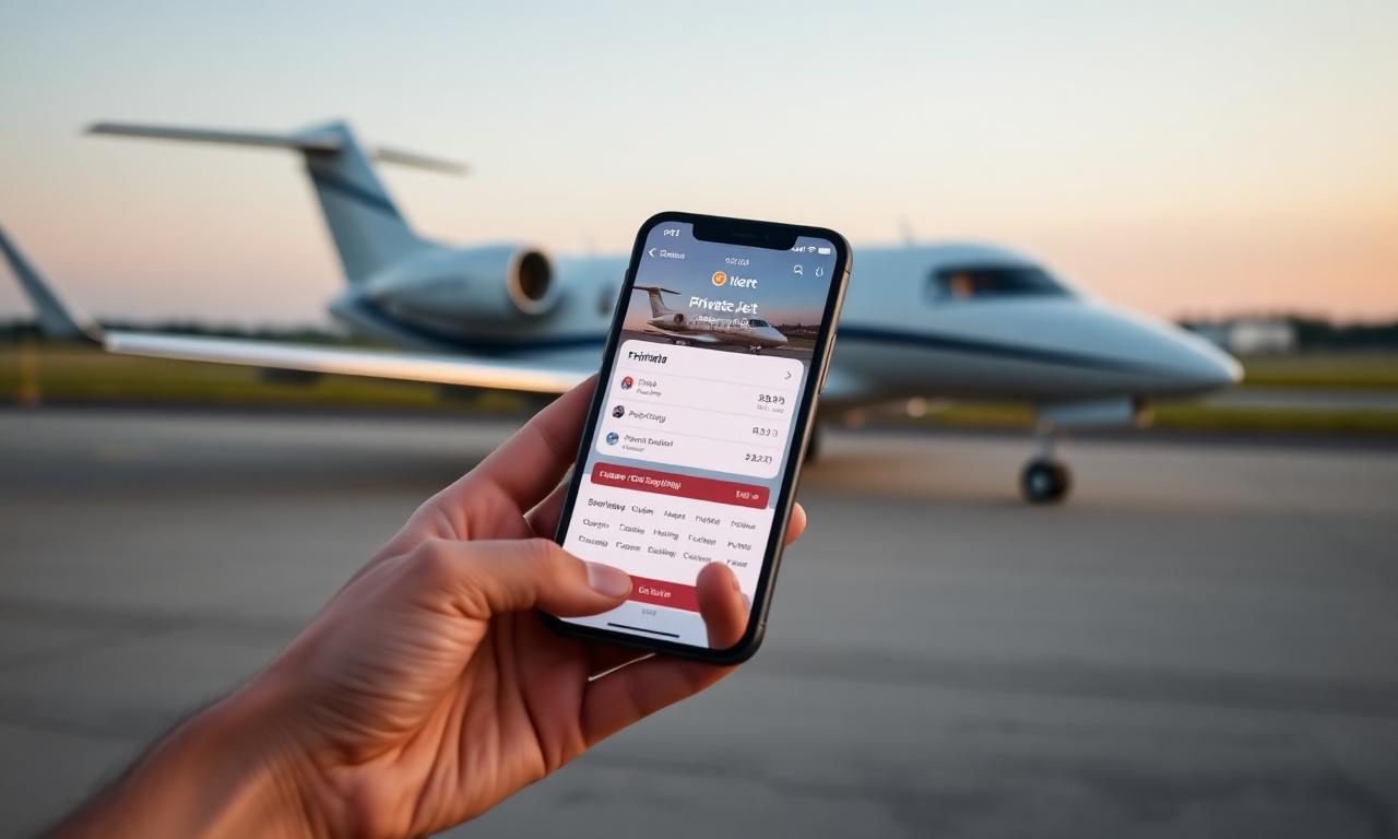Mano sosteniendo un móvil con la app para reservar un jet privado