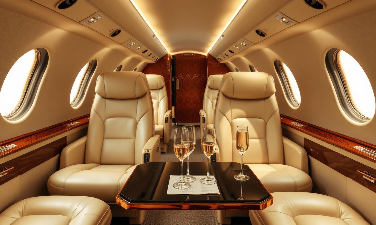 Interior lujoso del jet privado con asientos de cuero y copas de champán