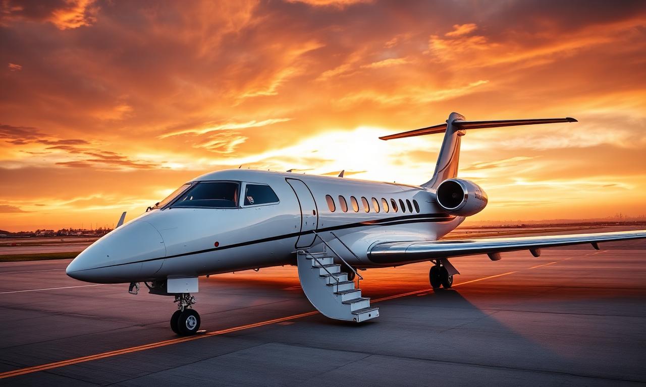 Jet privado despegando del aeropuerto de Madrid al atardecer